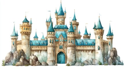 Fototapeta premium Enchanting fantasy castle watercolor with emerald green rooftops isolated on white background Medieval landmark fairytale architecture digital graphic design element