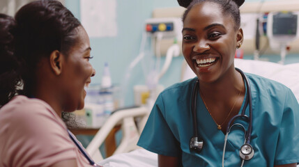 Fototapeta premium Black woman nurse and happy patient in a hospital, engaged in a heartfelt conversation, exuding a caring atmosphere