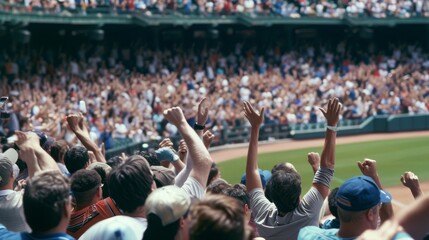 Enthusiastic fans at a sports game cheer in unison, capturing the passionate energy and excitement of the live event.