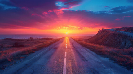an asphalt road running parallel to a rugged coastline, with crashing waves visible in the distance. The road is straight and well-maintained, bordered by sandy beaches or rocky cliffs