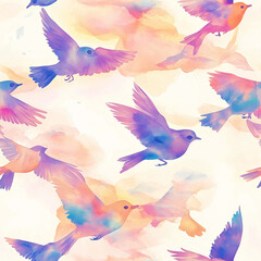 A dreamy seamless pattern with pastel birds in flight against a watercolor sky, capturing a serene and whimsical atmosphere ideal for creative designs.
