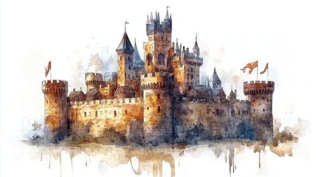 recommend clip art: Enchanting medieval fantasy castle with colorful banners and towers in a detailed watercolor on a clean white background  Ideal for use in storybooks game designs or fantasy themed projects