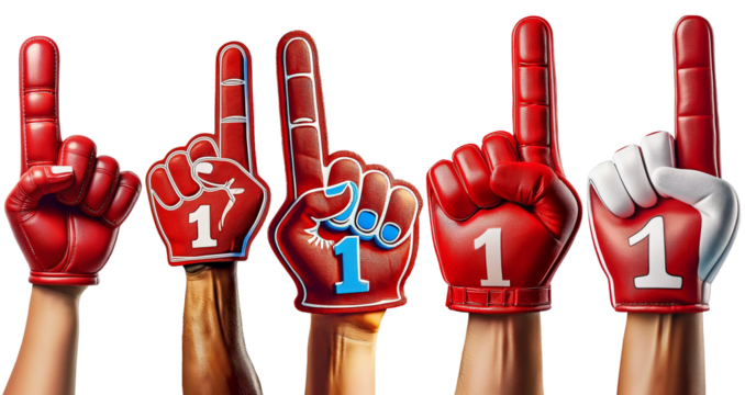 Close-up of five human arms of a fan with foam hand pointing to the number one, collection and variation. Isolated on white or transparent background. Png. Generative Ai.