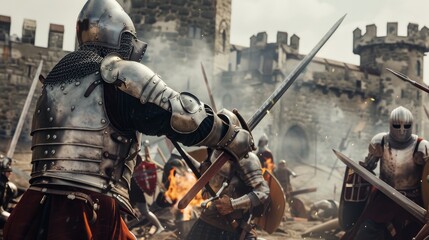 Naklejka premium Battle-ready knights in shining armor clash fiercely at the gates of a medieval castle, surrounded by the intensity and chaos of combat.