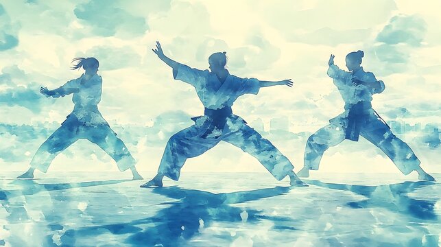 Martial Arts Performers in Flowing Watercolor Katas on Tranquil Azure Stage