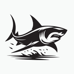 A fierce and powerful black and white vector illustration of a great white shark leaping from the water, ready to strike. This dramatic image evokes fear, danger, and the raw power of na