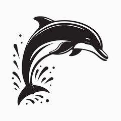  A classic black and white illustration of a playful dolphin leaping from stylized waves. © ring_kids