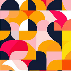 Colorful abstract seamless pattern with bold shapes in orange, pink, yellow, and black, forming a vibrant and lively design, perfect for modern art-inspired projects.