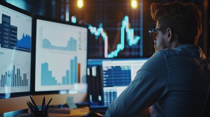A trader closely monitors various live financial charts and data on dual screens in a low-lit, high-tech workspace.