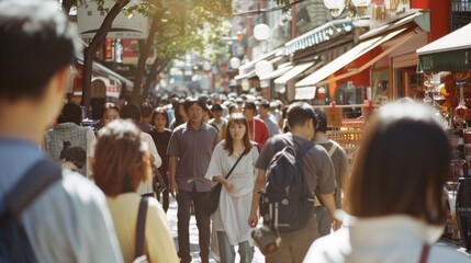Fototapeta premium A bustling street market, people walking amongst vibrant shops and stands under the warm sunlight.
