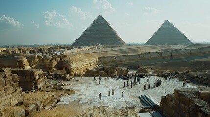 Tourists and locals explore the ancient Giza plateau, with the iconic pyramids standing...