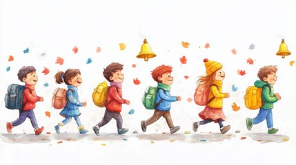 Fototapeta premium Cheerful children walking in a row with backpacks, surrounded by colorful falling leaves and autumn atmosphere.