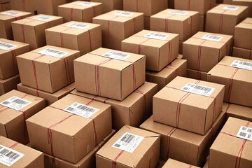 A stack of cardbox parcels labeled with shipping addresses
