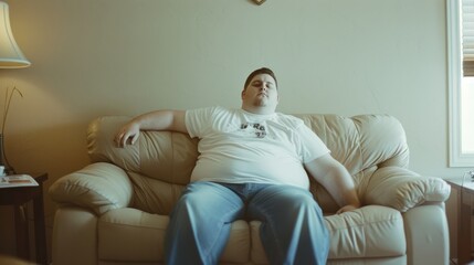 A man reclines casually on a beige sofa in a cozy living room, epitomizing relaxation and comfort in a homey atmosphere.