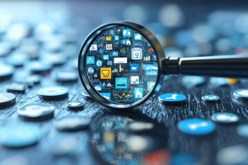 A 3D magnifying glass focusing on a cluster of floating icons, symbolizing the search engine ability to target specific information