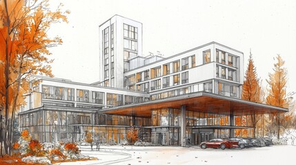 Obraz premium Architectural Sketch of a Modern Hotel Building with Autumn Foliage