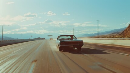 Obraz premium A classic car speeds along a deserted highway under a vast, sunlit sky, symbolizing the thrill of freedom and the open road.