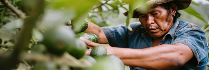 Fototapeta premium A farmer picks fresh avocados from trees in a vibrant orchard under soft morning sunlight