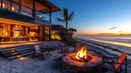 Luxurious beachfront villa with an outdoor fire pit at sunset, perfect for promoting upscale real estate and beachfront vacation rentals
