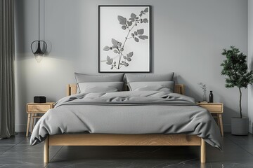 Elegant gray fabric double bed with wooden legs in a minimalist bedroom with black floor tiles, white walls, and soft lighting, featuring a framed plant poster.