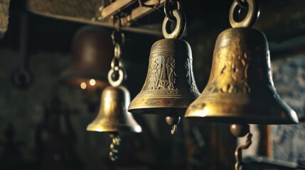 Ornately carved brass bells hanging in a dimly lit room evoke an air of antiquity and contemplation.