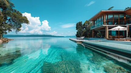 Obraz premium Stunning modern beachfront villa with a private dock and turquoise waters, perfect for luxury real estate and high-end vacation rental promotions 