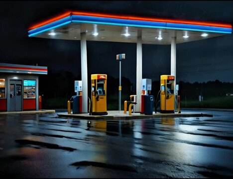 Empty gas station with pump at night after rain Generative AI