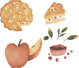 Hand drawn watercolor set of apple pie, apple, and autumn berries. Set of autumn, set of apple pie. Autumn clip art. 