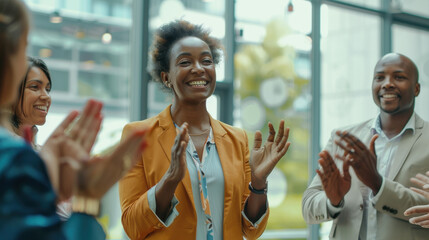 Fototapeta premium Business conference: diverse team members applauding a female speaker in a circle, showing appreciation and encouragement