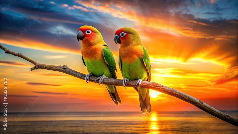 Wall mural Two lovebirds sitting on a branch with a vibrant sunset in the background, lovebirds, branch, sunset, romantic, nature