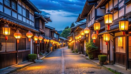 Fototapeta premium Vibrant Obon lanterns illuminating a quiet village street, Obon, lanterns, Japanese culture, street, village