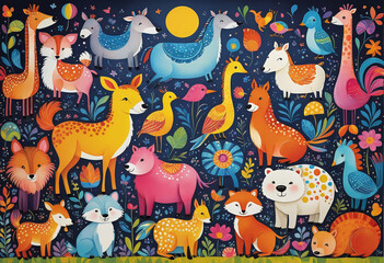 Naklejka premium Illustrative childlike depiction of various cute and friendly animals from nature in bright colors