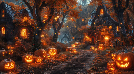 Halloween background with pumpkins and haunted house , spooky mood of halloween in the city , pumpkin with facial impression