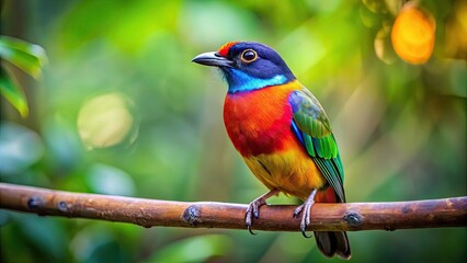 Fototapeta premium Vibrant and colorful bird perched on a branch in the forest , Wildlife, Exotic, Feathers, Nature, Avian, Plumage, Bright, Beautiful