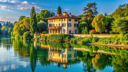 Fototapeta premium Villa on the Adda river with beautiful panoramic view, villa, Adda river, panorama, stacking, landscape, nature, architecture