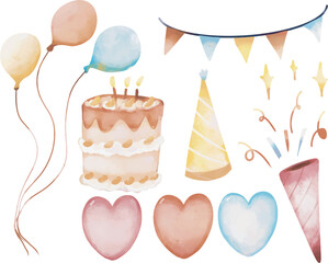 Hand drawn clip art set of  birthday party with cake, balloons, gift box, love shapes, cute hat watercolor illustrations. Birthday party clip art, birthday essentials, birthday design elements