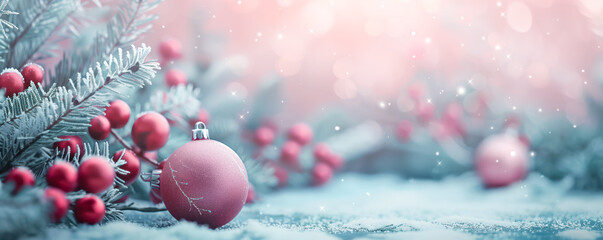 Close-up abstract view of the decorated fir tree branch by Xmas balls. Banner, background and gifting card concept.