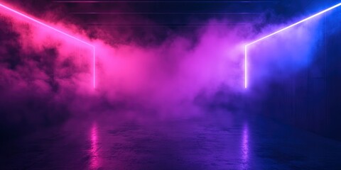 Obraz premium Background of an empty dark room. Empty walls, neon light, smoke, smog. smoke, ultraviolet light in the dark , ai