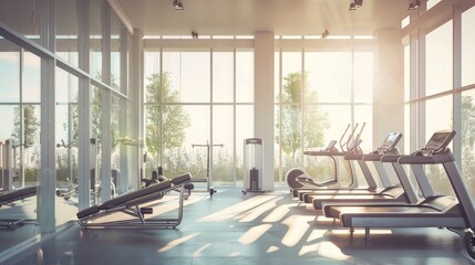 A spacious and sunlit gym filled with modern fitness equipment, framed by large windows offering a scenic view of trees outside.