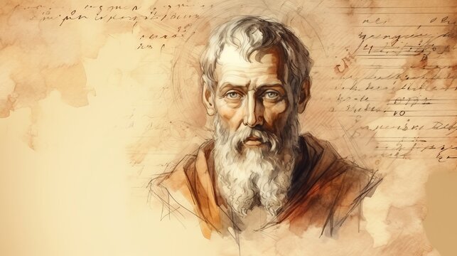 Illustration of Writing of St. Clement of Rome in Ancient Rome, Biblical Illustration, Beige Background, Copyspace,Christian banner