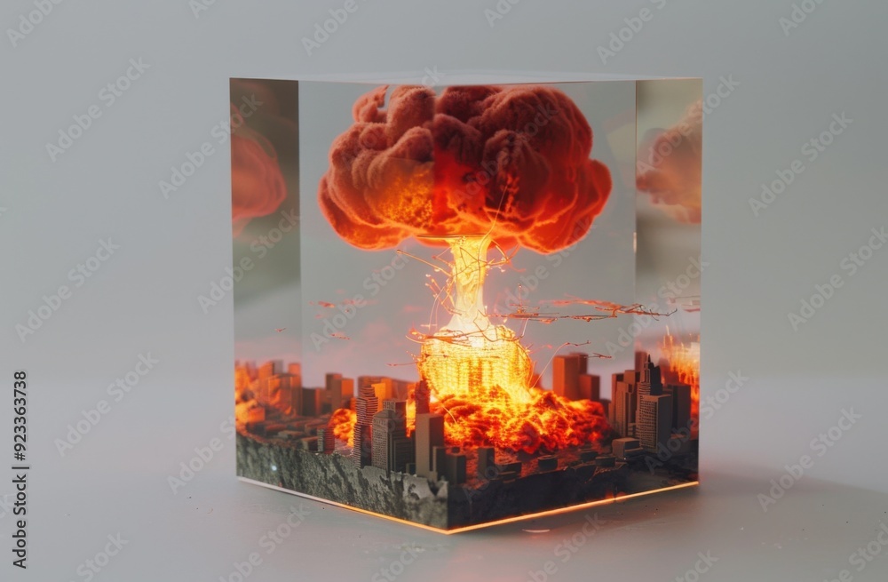 Poster an atomic bomb explosion with flames and a mushroom cloud in the center of a transparent cube on a w