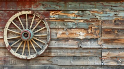 An old wooden wagon wheel mounted on a weathered, multicolored wooden wall, telling tales of history and rustic charm.