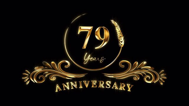 79th Anniversary Celebration. Happy 79 Years Anniversary Animation in Gold Color on the Transparent Background, Alpha Channel. Great for greetings, celebrations, events, and gifts.