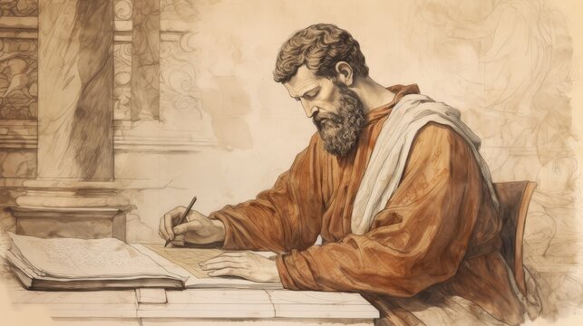 Illustration of Writing of St. Justin Martyr in 2nd-Century Church, Biblical Illustration, Beige Background, Copyspace,Christian banner