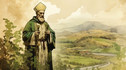 Illustration of St. Patrick of Ireland with Shamrock in Irish Countryside, Biblical Illustration, Beige Background, Copyspace,Christian banner
