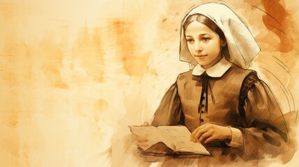 Illustration of Teaching of Children by St. Mary MacKillop in 19th-Century Australia, Biblical Illustration, Beige Background, Copyspace,Christian banner © T Studio