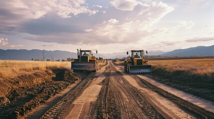 Fototapeta premium Two bulldozers stand ready on a dirt road under a picturesque sky, embodying the power of industrial machinery amidst a serene rural landscape.