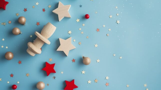 A whimsical, starry holiday decoration on a blue background, featuring scattered golden stars and red festive elements in a joyful composition.