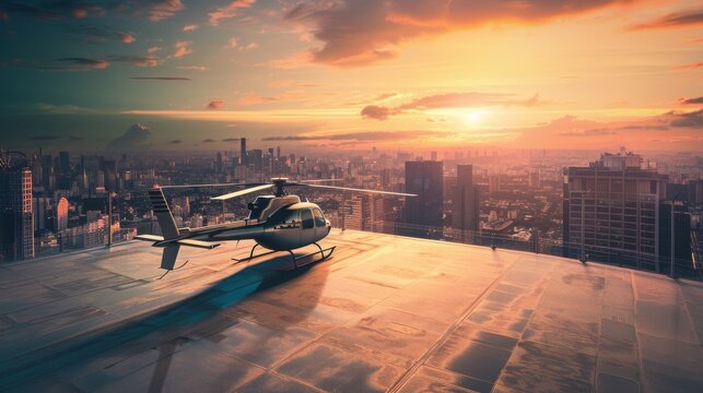 A helicopter rests on a rooftop helipad against a vibrant sunset over a sprawling cityscape.