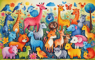 Naklejka premium Illustrative childlike depiction of various cute and friendly animals from nature in bright colors